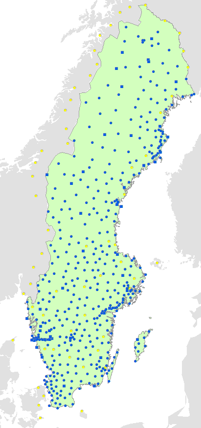 SWEPOS station distribution (September 2022) consisting of 53 Class A stations (squares) and 408 Class B stations (dots)